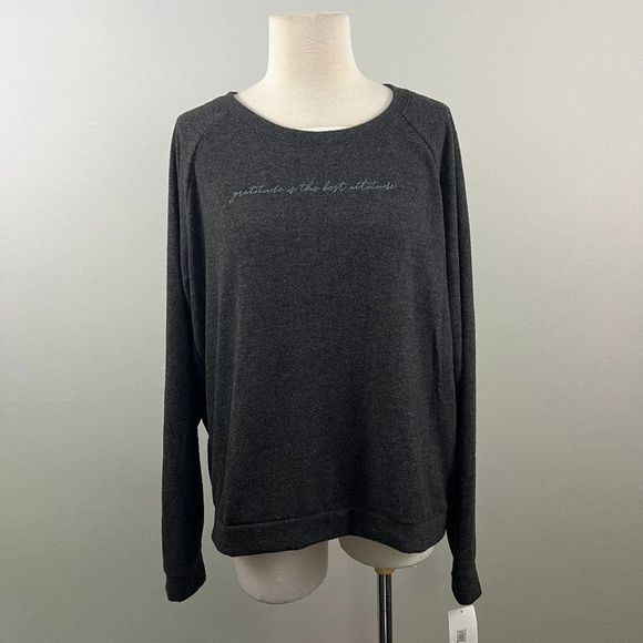 NWT THE PROJECT SOCIAL T Grey Crew Neck "Gratitude Is The Best Attitude" Long Sl - Picture 2 of 8